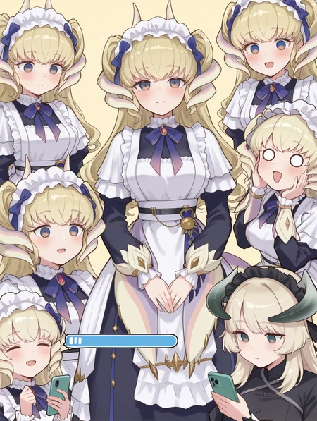 4girls, blue maid dress, blue bow hairband, dragonmaid latys, smile, search bar, open mouth, smartphone, holding smartphone, closed mouth, blush, multiple views, closed eyes, :d, looking at viewer, sketch, cellphone, simple background, solo, chamber dragonmaid, black mob cap, black maid dress, o_o, empty eyes, ,
masterpiece,best quality,amazing quality,very aesthetic,absurdres,newest,<lora:Chamber dragonmaid illuXL v1:0.81>,