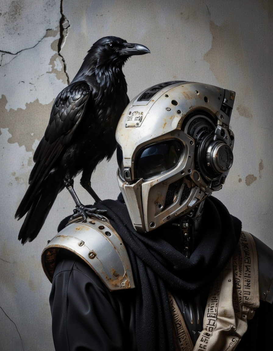 SentinelBot. This is a high-resolution photograph featuring a futuristic, metallic helmet and a black crow perched on its shoulder. The helmet is sleek and angular, predominantly black with a glossy finish, adorned with intricate, geometric patterns and ventilation holes. The helmet's visor is tinted, obscuring the wearer's face, adding an air of mystery. The helmet is adorned with a black scarf, which drapes around the neck and shoulders, and is detailed with a pattern of ancient runes or symbols, adding a sense of history and mystique.
The crow, with its glossy black feathers and sharp beak, appears alert and poised, its wings slightly spread. The background is a textured, muted gray, with subtle cracks and imperfections, creating a rugged, industrial ambiance. The lighting is soft yet directional, casting subtle shadows that enhance the helmet's contours and the crow's plumage. The overall mood of the image is dark and enigmatic, with a blend of high-tech and natural elements. The photograph's composition and lighting emphasize the contrast between the modern, high-tech helmet and the ancient, mythical crow, creating a striking visual narrative. <lora:The_Vanguard:1>