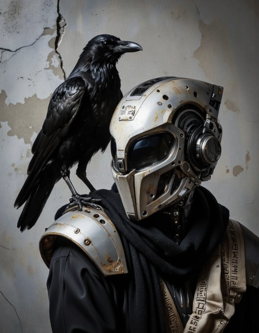 SentinelBot. This is a high-resolution photograph featuring a futuristic, metallic helmet and a black crow perched on its shoulder. The helmet is sleek and angular, predominantly black with a glossy finish, adorned with intricate, geometric patterns and ventilation holes. The helmet's visor is tinted, obscuring the wearer's face, adding an air of mystery. The helmet is adorned with a black scarf, which drapes around the neck and shoulders, and is detailed with a pattern of ancient runes or symbols, adding a sense of history and mystique.
The crow, with its glossy black feathers and sharp beak, appears alert and poised, its wings slightly spread. The background is a textured, muted gray, with subtle cracks and imperfections, creating a rugged, industrial ambiance. The lighting is soft yet directional, casting subtle shadows that enhance the helmet's contours and the crow's plumage. The overall mood of the image is dark and enigmatic, with a blend of high-tech and natural elements. The photograph's composition and lighting emphasize the contrast between the modern, high-tech helmet and the ancient, mythical crow, creating a striking visual narrative. <lora:The_Vanguard:1>