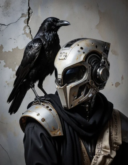 SentinelBot. This is a high-resolution photograph featuring a futuristic, metallic helmet and a black crow perched on its shoulder. The helmet is sleek and angular, predominantly black with a glossy finish, adorned with intricate, geometric patterns and ventilation holes. The helmet's visor is tinted, obscuring the wearer's face, adding an air of mystery. The helmet is adorned with a black scarf, which drapes around the neck and shoulders, and is detailed with a pattern of ancient runes or symbols, adding a sense of history and mystique.
The crow, with its glossy black feathers and sharp beak, appears alert and poised, its wings slightly spread. The background is a textured, muted gray, with subtle cracks and imperfections, creating a rugged, industrial ambiance. The lighting is soft yet directional, casting subtle shadows that enhance the helmet's contours and the crow's plumage. The overall mood of the image is dark and enigmatic, with a blend of high-tech and natural elements. The photograph's composition and lighting emphasize the contrast between the modern, high-tech helmet and the ancient, mythical crow, creating a striking visual narrative. <lora:The_Vanguard:1>