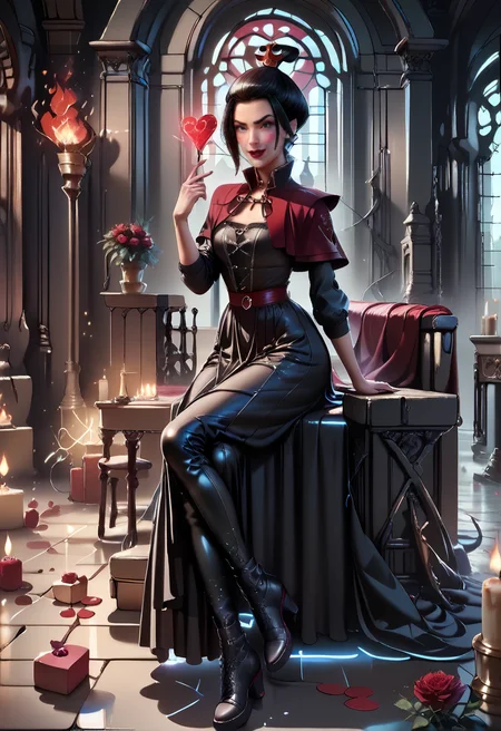 noir, 2d, full body view, gothic background, loveheart stained glass window, rose wall, hearts, valentines, â¤ï¸, scatterd roses, red roses, black roses, score_9, score_8_up, score_8, score_9, score_8_up, NM_Azula_atla, 1girl, solo, brown eyes, detailed eyes, brown hair, topknot, black hair, hair ornament, breasts, large breasts, makeup, lipstick, red lips, slim waist, dress, corset, long skirt, capelet, harness, sitting on iron throne, smirk, closed mouth, intense look, looking at fire, Expressiveh, one hand up, holding fireball in the shape of heart, sexy legs,crossed legs, long skirt, long latex boots, covered thigh, fishnet stockings, sfw