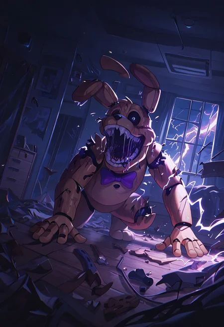 masterpiece, best quality, amazing quality, very aesthetic, absurdres, newest, detailed background, foreground blur, (( )),
springbon, teeth, rabbit ears, purple bowtie, sharp teeth, animatronic, robot joints,, 1boy, smile, big head, big mouth, wide head, wide face, drooling,, 
matte skin, black sclera, furry skin, fabric skin, in bedroom, dynamic angle, messy room, window, night time, dark room, wooden floors, broken toys, cupboards, lightning flash,