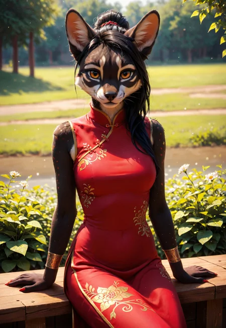 safe_pos, safe_pos, safe_pos, safe_pos, score_9, score_8_up, score_7_up, score_6_up, photorealistic, epiCPhotoGasm-colorfulPhoto, Realistic, highres, super high resolution, 8k, photo, furry, anthro, long black hair, in the style of ck-mgs, nistyle, Special Ink-drawing mode, intricate linework with expressive contrasts, Mh1$AgThS2, Inkplash art on rice paper, sepia, henna , Silhouette Art, magnificent, inksplash image of stunning japanese woman, gold and red cheongsam, sitting in front of tori gate, facing viewer, dappled sunlight