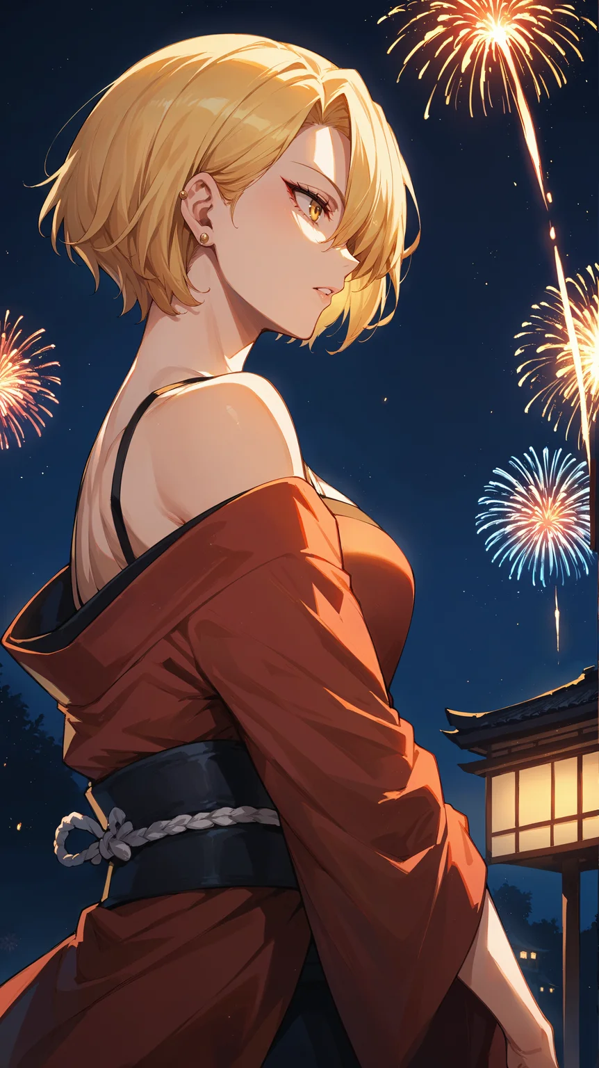 score_9,score_8_up,score_7_up,score_6_up, <lora:xl_more_art-full_v1:0.5>, source_anime, woman, dynamic pose, in profile, <lora:Ryuko Tatsuma (Ryukyu) - Pony:0.8>, short hair, blonde hair, yellow eyes, hair covering one eye, earrings, red kimono, night, darkness, night time, night sky, fireworks,