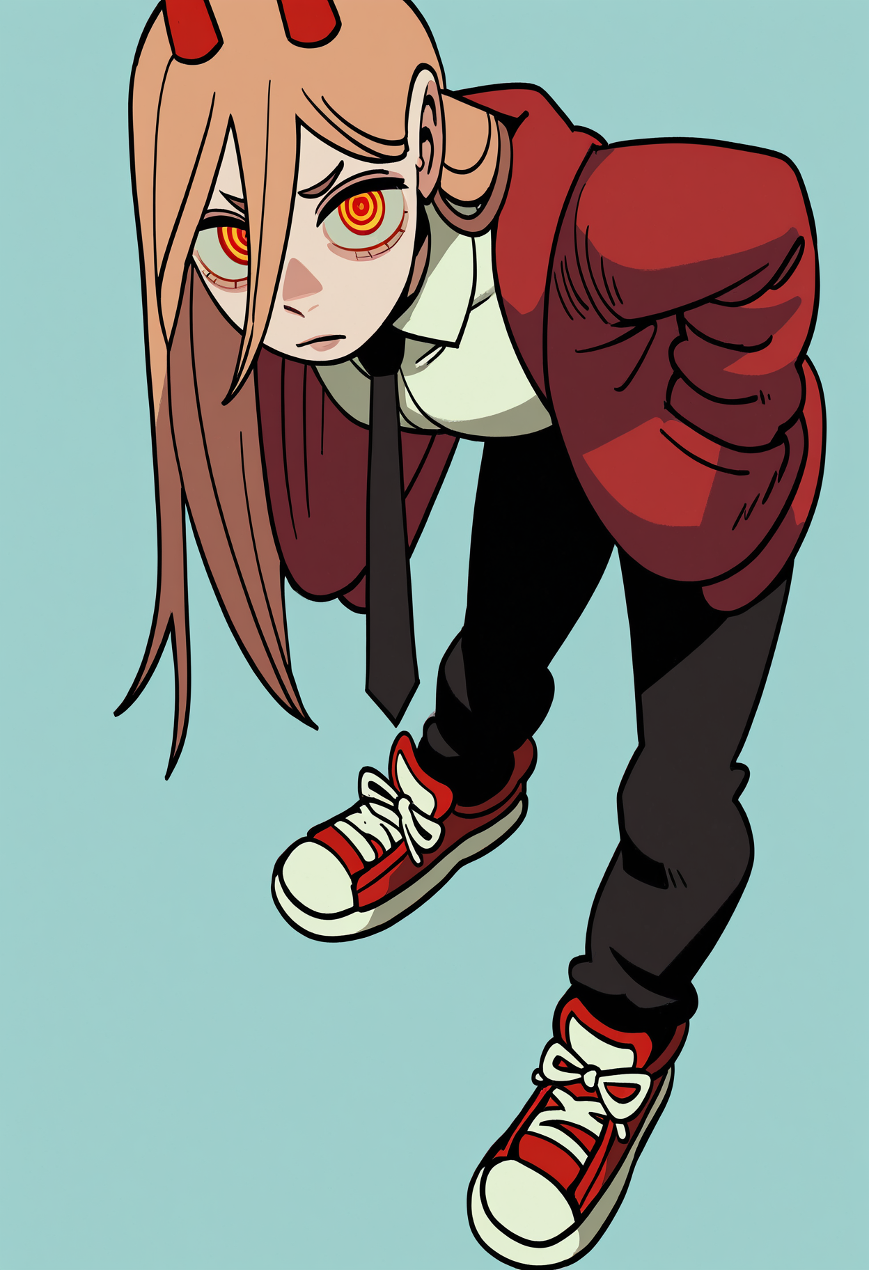 masterpiece, best quality, absurdres, highres, 1girl, black necktie, necktie, solo, long hair, horns, red eyes, shirt, jacket, white shirt, pants, black pants, red footwear, collared shirt, shoes, blonde hair, blue background, simple background, power \(chainsaw man\), hands in pockets, facing viewer, looking at viewer, ringed eyes, leaning forward, close-up, red jacket, from above, upturned eyes, 
 <lora:o___8_ill:1>