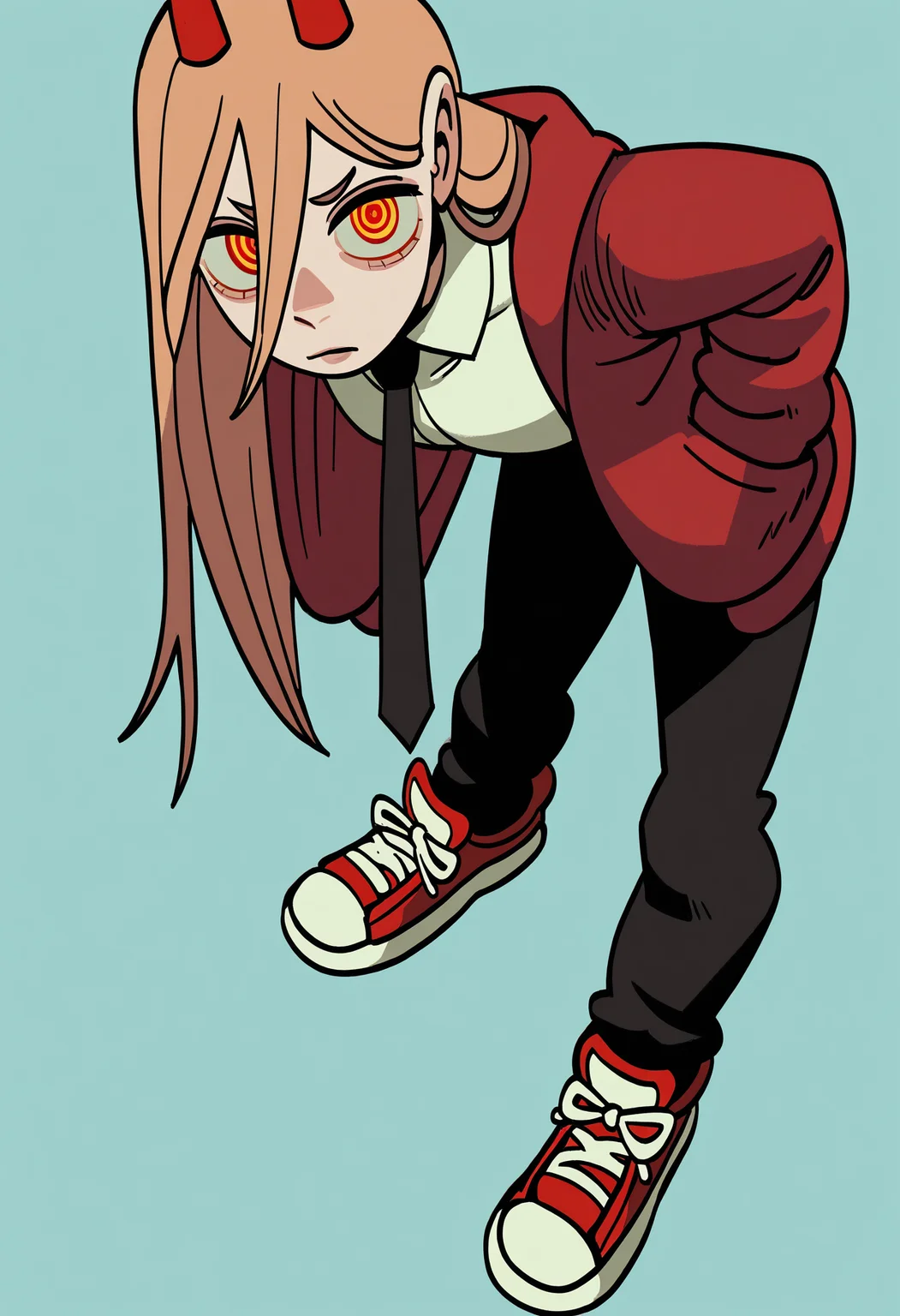 masterpiece, best quality, absurdres, highres, 1girl, black necktie, necktie, solo, long hair, horns, red eyes, shirt, jacket, white shirt, pants, black pants, red footwear, collared shirt, shoes, blonde hair, blue background, simple background, power \(chainsaw man\), hands in pockets, facing viewer, looking at viewer, ringed eyes, leaning forward, close-up, red jacket, from above, upturned eyes,
<lora:o___8_ill:1>