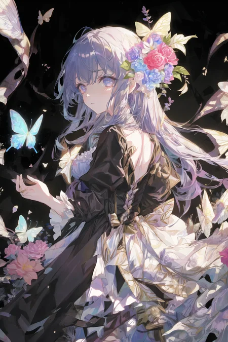 art by Cornflower, dreamy, <hypernet:Cornflower_Phantom:1.0>
(beautiful detailed flower, beautiful detailed eyes,hyper detailed,flower,hyper quality,,eyes,flower and hair is same color,beautifuly color,face,her hair is becoming flower, flower,hair,flower,butterfly,,1girlkawaii,,high details, high quality,back light,hair and clothes is flower,upper body ,high quality,hair with body ,webbed dress, upper body, flower leg, flower hands,body with flower, flower with clothes , dress with flower, , light particles,black background, Hair with flower,small breast with flower,big hair with flower,floating hair with flower,floating1girl,small breast, marbling with hair and clothes, looking at viewer,original,arm down, paper cutting, black background, flower forground, hair with flower,highres, hair with flower,hair with flower ,hair, wavy hair ,diffusion lighting, abstract,Butterfly with body, flower with hair, her hair is flower,big top sleeves, floating)<hypernet:yukoring:0><lora:Cornflower-000001:0>