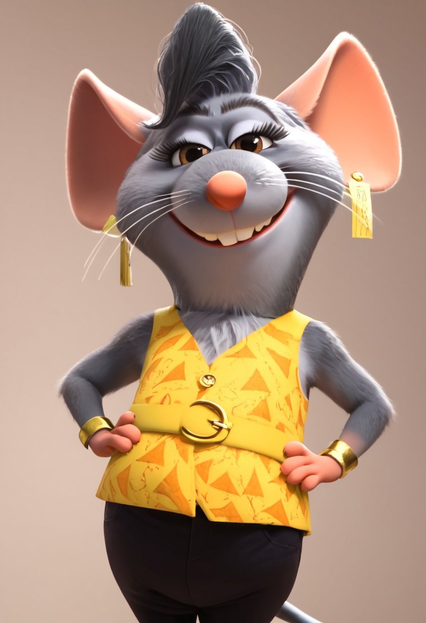 brianca_z+casual, furry, anthro, female mouse, gray fur, dark gray short hair, pink ears, pink nose, three whiskers on each side, buckteeth, big eyelashes, golden-brown eyes, pink hands (four fingers), pink feet, gray mouse tail, yellow sleeveless top (orange cheese patterns), yellow belt around the waist, black pants, golden earrings, big gold bracelet on right arm, score_8_up, score_7_up, BREAK, 1girl, solo, looking at viewer, cute, smirk, from below, hands on hips, head tilt, female focus, looking at viewer, detailed background, 4k, masterpiece, best quality, highly detailed, realistic, 3d, Expressiveh