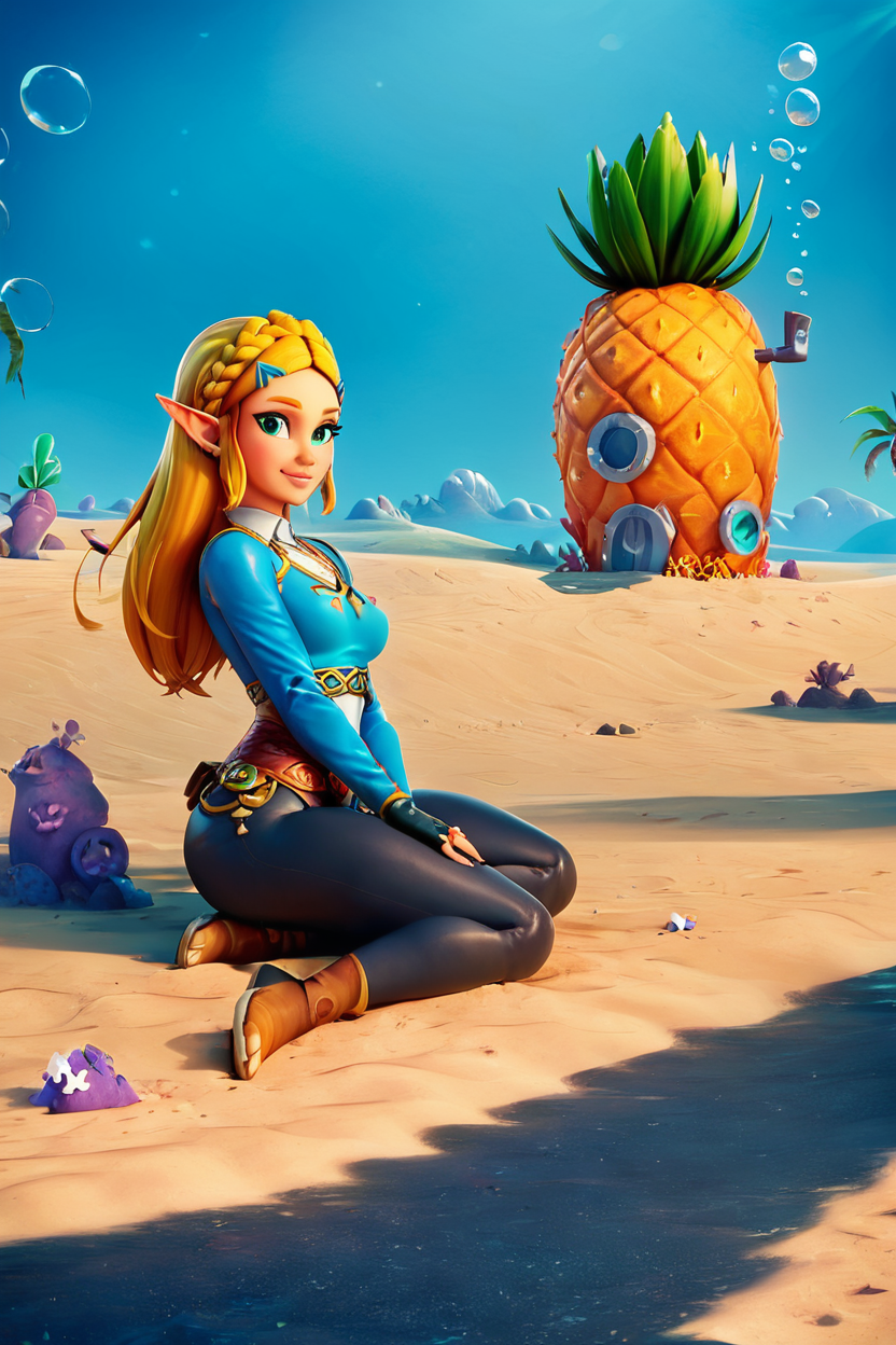 score_9, score_8_up, score_8, medium breasts, (curvy), cute, eyelashes,  ,,, sitting on bench, side view, smile, looking at viewer,   ,,,  princess zelda, long hair, crown braid, hairclip, pointy ears, blue shirt, long sleeves, fingerless gloves, black gloves, black pants, tight pants, green eyes,  ,,, cowboy shot,  BREAK,  (PineappleUnderTheSea:1), sky, day, no humans, sand, bubble, road,  embedding:zPDXL,   <lora:PineappleUnderTheSeaPDXL:0.8>,  <lora:CatalystStylePDXL:0.6>,  <lora:SDXLFaeTastic2400:0.5>,