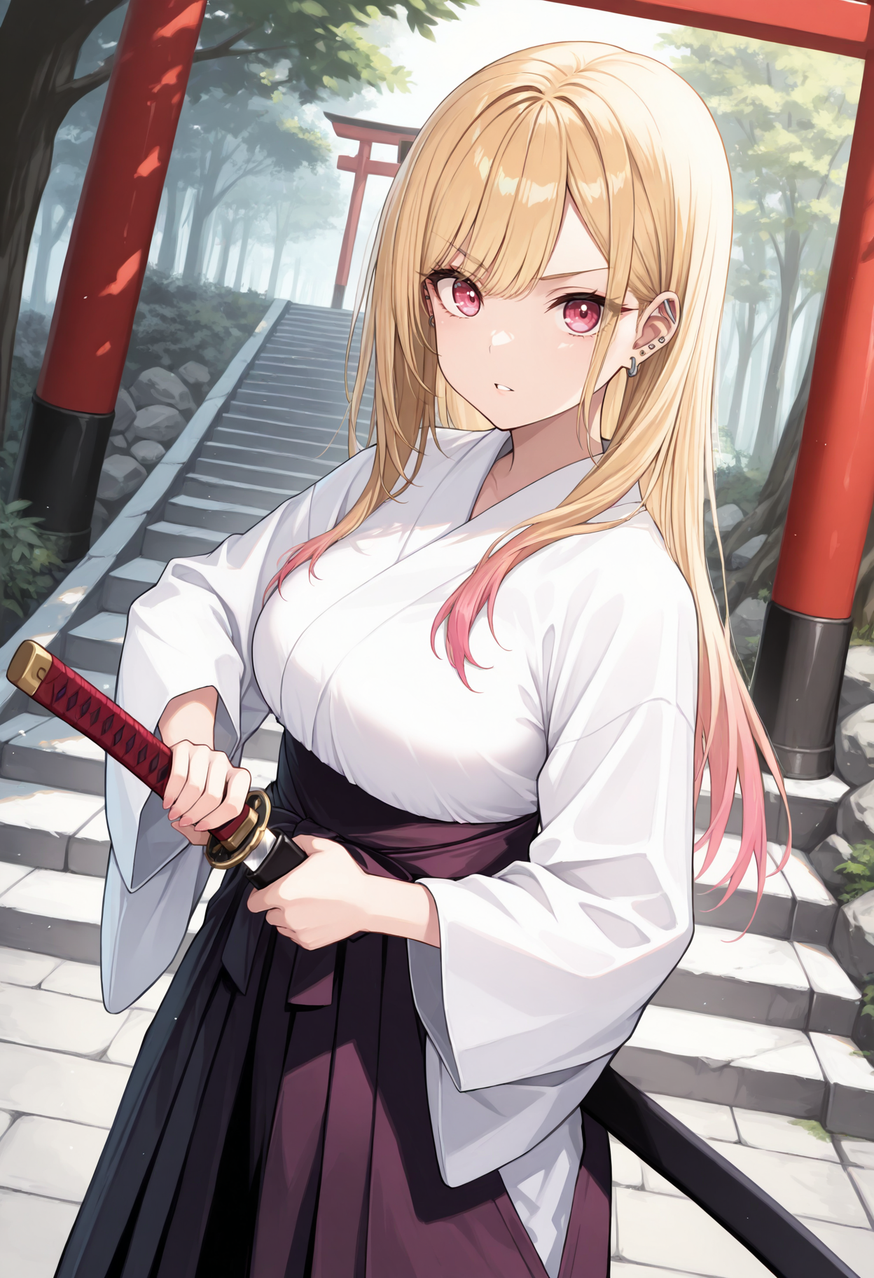 masterpiece, best quality, 1girl, solo, ktgw, long hair, swept bangs, multicolored hair, colored tips, blonde hair, large breasts, ear piercing, (samurai:1.2), japanese clothes, hakama, outdoors, stairs, stone stairs, tree, battoujutsu stance, ready to draw, fighting stance, unsheathing, sheath, holding sheath, cowboy shot, pink eyes, hakama skirt, torii, looking at viewer, v-shaped eyebrows, serious, parted lips