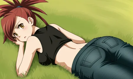 1girl, solo, outdoors, grass, lying, on stomach, day, <lora:flannery-v2-epoch-000008:0.9>, flannery \(pokemon\), red hair, jeans, pantylines, crop top, sleeveless, from behind, from above, ass