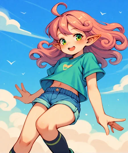 2d, (score_9, score_8_up, score_7_up, score_6_up, score_5_up, score_4_up), (cute:1.1), looking at viewer, sky, happy
BREAK <lora:windy_PDXL:0.85> p_windy, solo, pink hair, curly hair, long hair, green eyes, pointy ears,
shirt, shorts, socks