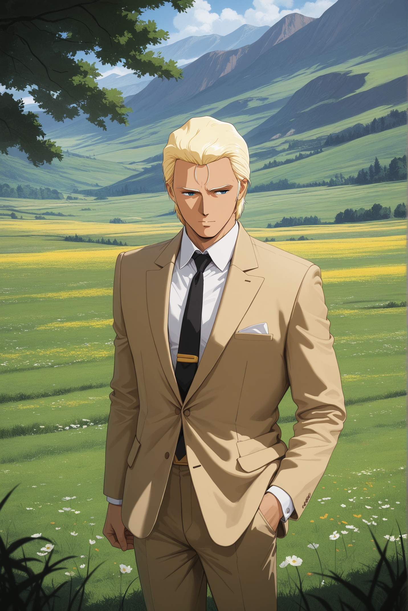 masterpiece, best quality, amazing quality, very aesthetic, high resolution, ultra-detailed, absurdres, newest, scenery, rendered,outdoor,meadow
<lora:CCAchar_aznable _ill_v1.0:1> ccachar_aznable, 1boy, solo,formal suit,black necktie,beige suits