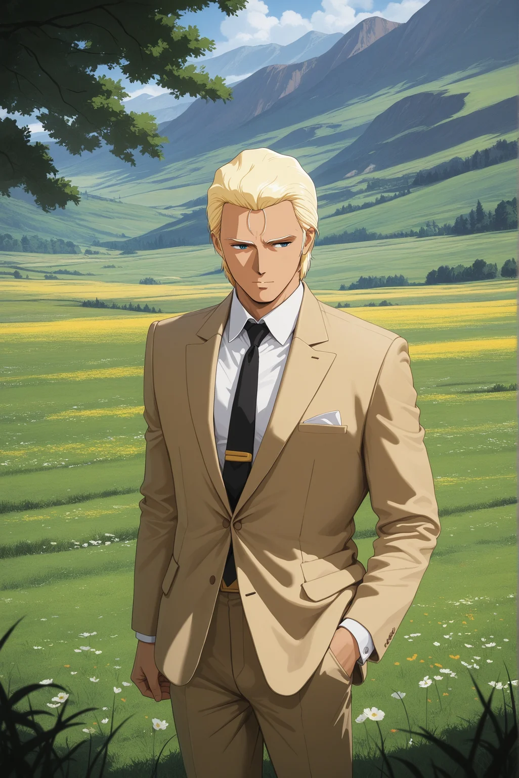 masterpiece, best quality, amazing quality, very aesthetic, high resolution, ultra-detailed, absurdres, newest, scenery, rendered,outdoor,meadow
<lora:CCAchar_aznable _ill_v1.0:1> ccachar_aznable, 1boy, solo,formal suit,black necktie,beige suits