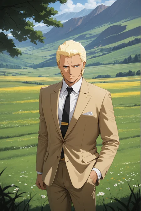 masterpiece, best quality, amazing quality, very aesthetic, high resolution, ultra-detailed, absurdres, newest, scenery, rendered,outdoor,meadow
<lora:CCAchar_aznable _ill_v1.0:1> ccachar_aznable, 1boy, solo,formal suit,black necktie,beige suits