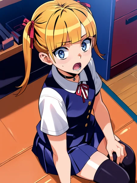 <lora:happy_tentacle-rina-v0.3-000034:0.9>, ht_rina, school uniform, blue vest, short sleeves, blue skirt, pleated skirt, miniskirt, black thighhighs, hair ribbon, red ribbon, black choker, school yard , 1girl, solo, upper body , , ( surprised :1.2), , looking at viewer , , from above , score_9, score_8_up, score_7_up, score_6_up, score_5_up, score_4_up