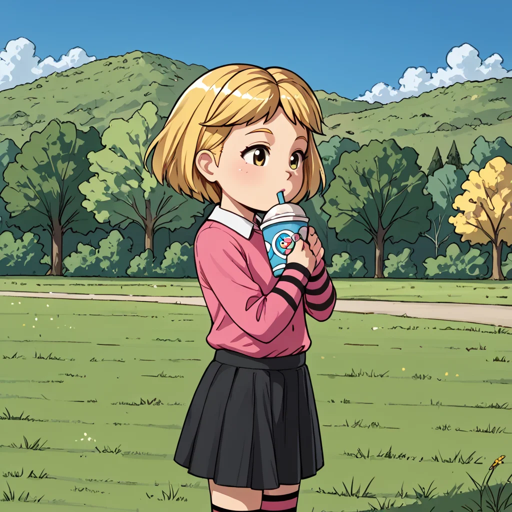 outside, <lora:EmilyElizabethHoward_Clifford_PXL_Leaf1:1> emilyelizabeth, 1girl, solo, female child, , short hair, blonde hair, shirt, skirt, striped socks