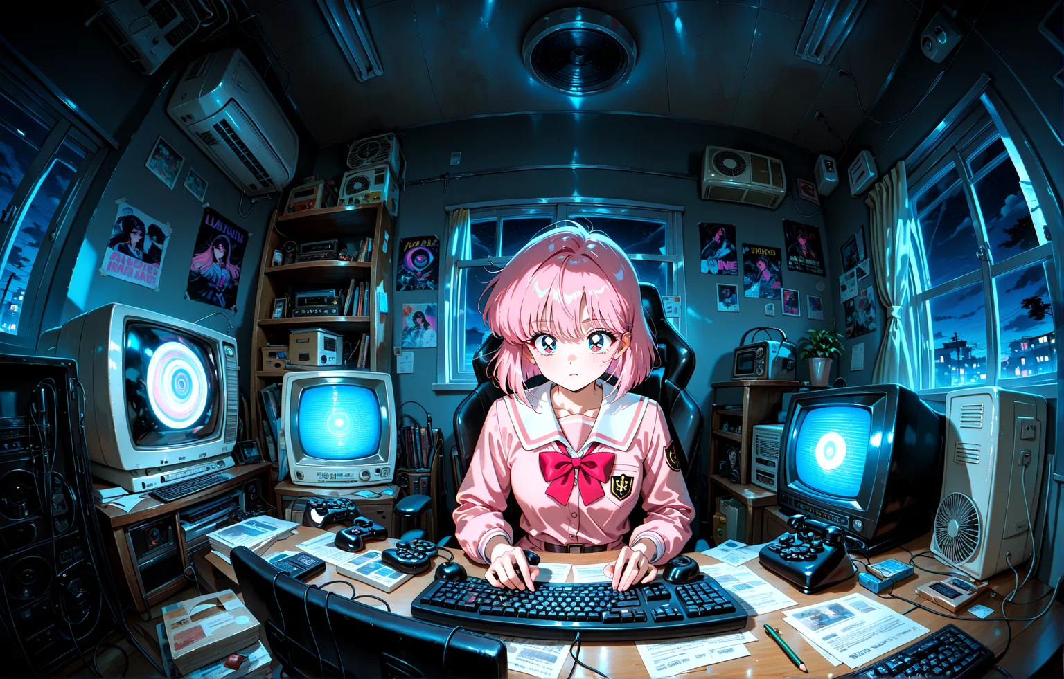 masterpiece, best quality, amazing quality, very aesthetic, absurdres, newest,
indoors keyboard seat game controller,scenery,fisheye, loaded_interior,crt,fan,case,paper,pencil,antique phone, nes,poster,air air conditioner, retro artstyle, dark background ,light,vapor wave,window,night
pink school uniform
{{best_quality}},{{amazing_quality,very_aesthetic}},
masterpiece, best quality, amazing quality, very aesthetic, absurdres, newest, volumetric lighting, <lora:spo_sdxl_10ep_4k-data_lora_webui:1.0>