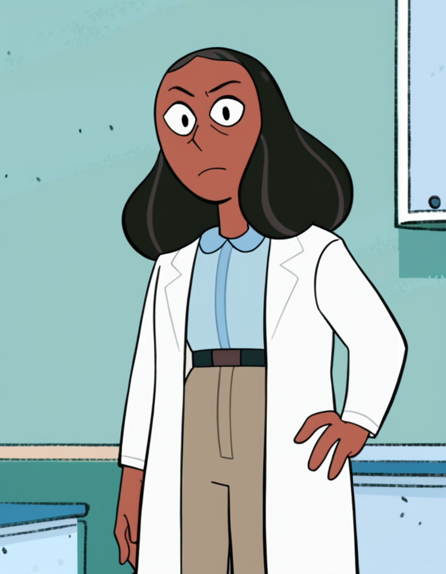 <lora:PriyankaMaheswaranPony:1> priyanka, 1girl, mature_female, solo, brown hair, long hair, dark-skinned female, collared shirt, labcoat, belt, shirt tucked in, pants, score_9, score_8_up, score_7_up, score_6_up, score_5_up, score_4_up, looking at viewer, hand on own hip, cowboy shot,hospital