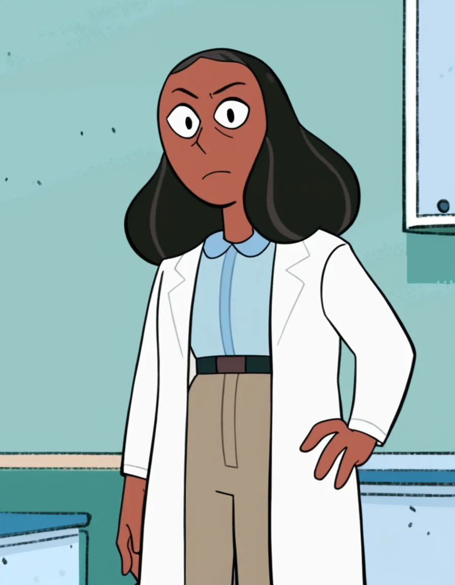 <lora:PriyankaMaheswaranPony:1> priyanka, 1girl, mature_female, solo, brown hair, long hair, dark-skinned female, collared shirt, labcoat, belt, shirt tucked in, pants, score_9, score_8_up, score_7_up, score_6_up, score_5_up, score_4_up, looking at viewer, hand on own hip, cowboy shot,hospital