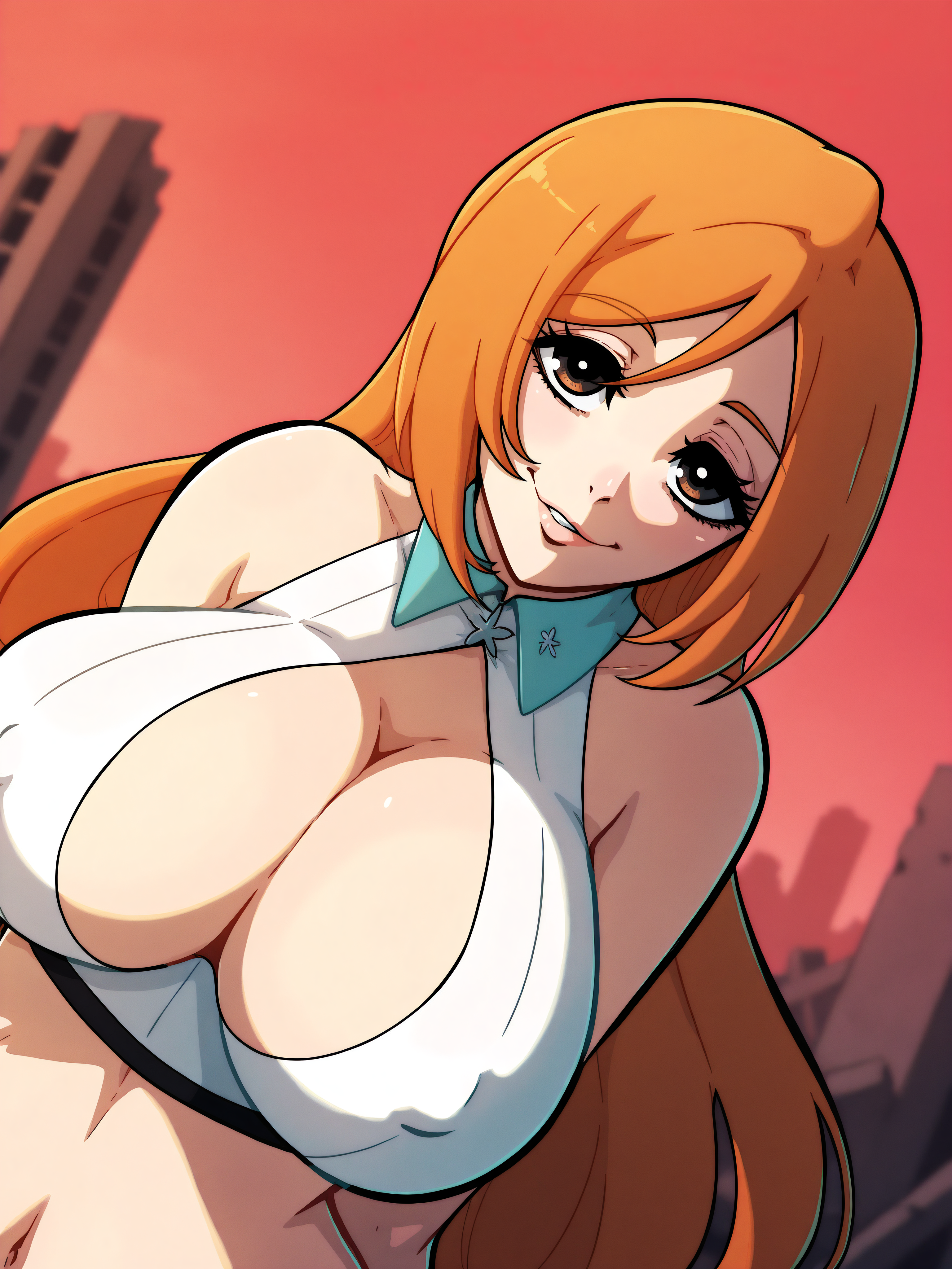 inoue orihime, upper body, looking at viewer, head tilt, huge breasts, ruins, red sky, covered nipples, cleavage, naughty face,   <lora:kinkymation_IL:0.75> kinkymationIL, masterpiece, best quality, dutch angle,