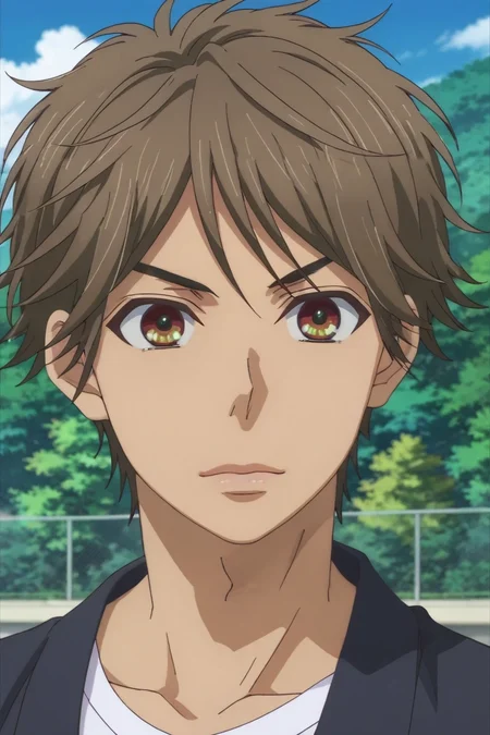 score_9, score_8_up, score_7_up, source_anime, rating_safe, intricate details, anime screencap, anime coloring, official style, , depth of field, 1boy, solo, male focus, <lora:hayato_shinomiya_pony:0.98>, hayato_shinomiya, brown hair, brown eyes, short hair, wide angle, wide shot, full body, fuji mountain, day, clouds, the pose, skin fang, , <lora:sdxl_lightning_8step_lora:1>