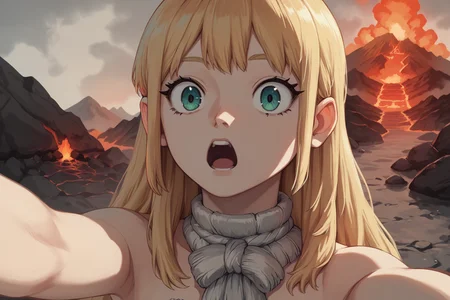 <lora:SlimesRuri:1> score_9, score_8_up, score_7_up, slimes_ruri, selfie, long blonde hair, (surprised expression:1.2), volcano background, volcanic eruption