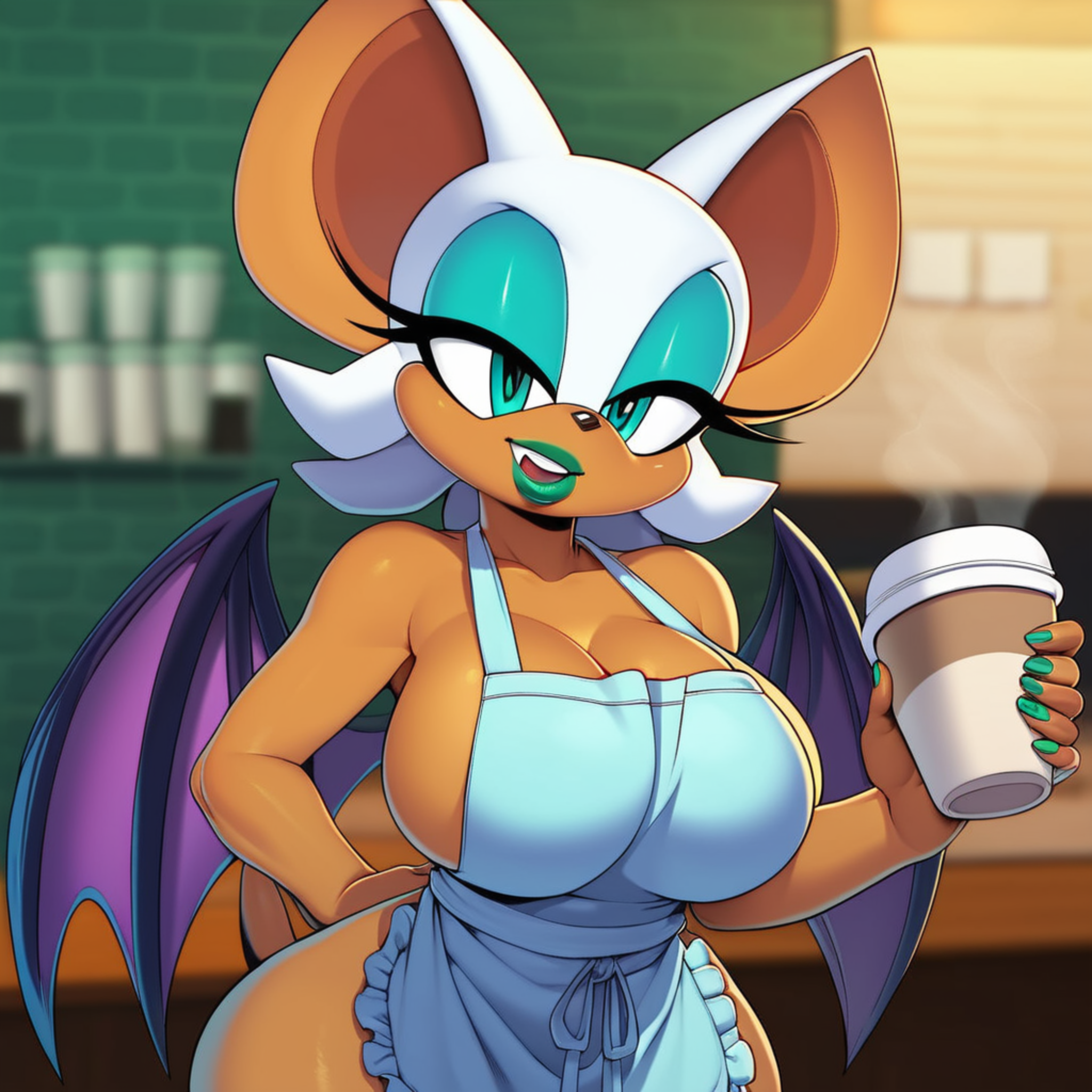 score_9, score_8_up, score_8,1girls, aqua eyes, bat wings, big breasts,breasts ,curvyfemale,furry,hugebreasts,naked apron,,eyeshadow,lipstick,makeup, green eyeshadow , green lipstick , rouge the bat, solo ,holding,coffee cup , holding pencil coffee store