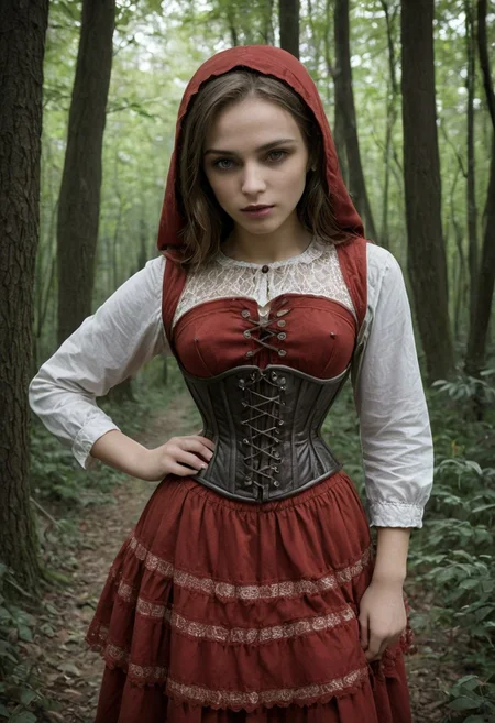 epiCRealism, (masterpiece:1.3), highes quality, High quality photo, Little Red Riding Hood weary in the woods, whita blouse rimmed with lace and underbust corset, dark, chiaroscuro, low-key, RAW photo, subsurface scattering, heavy shadow, (high quality:1.4), (intricate, high detail:1.2), professional photography, realistic, ultra realistic, photorealistic, high resolution, film photography, ambient lighting, atmospheric effects, highly detailed and hyper realistic photo of analog film photo of detailed sharp image