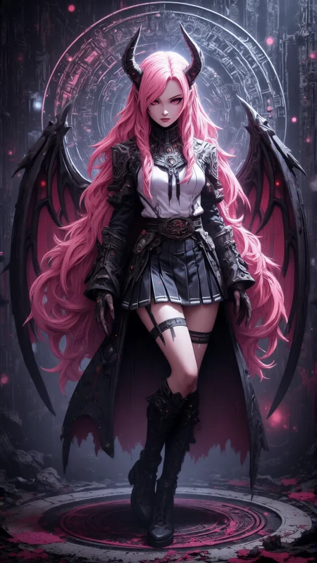 a professional photo shot of a breathtakingly beautiful caucasian woman, 25 yo, long pink hair with a herringbone braid, large demon wings, ((no demon horns)), (japanese school girl uniform), pale skin, diamond shaped face, She has a glamour and slender body with narrow hips, magical circles as background, magical lights, light particles, dungeon, <lora:Dever_Flux_Enhancer:0.47> <lora:breast-size4:-1.65> <lora:Hand v2:1> Perfect hand <lora:pose_dev_f1:0.75> <lora:sameface2:-0.2> <lora:Anime v1.3:1.2> anime style <lora:Neon_Cyberpunk_Papercut_1_FLUX:1> mad-pprct1