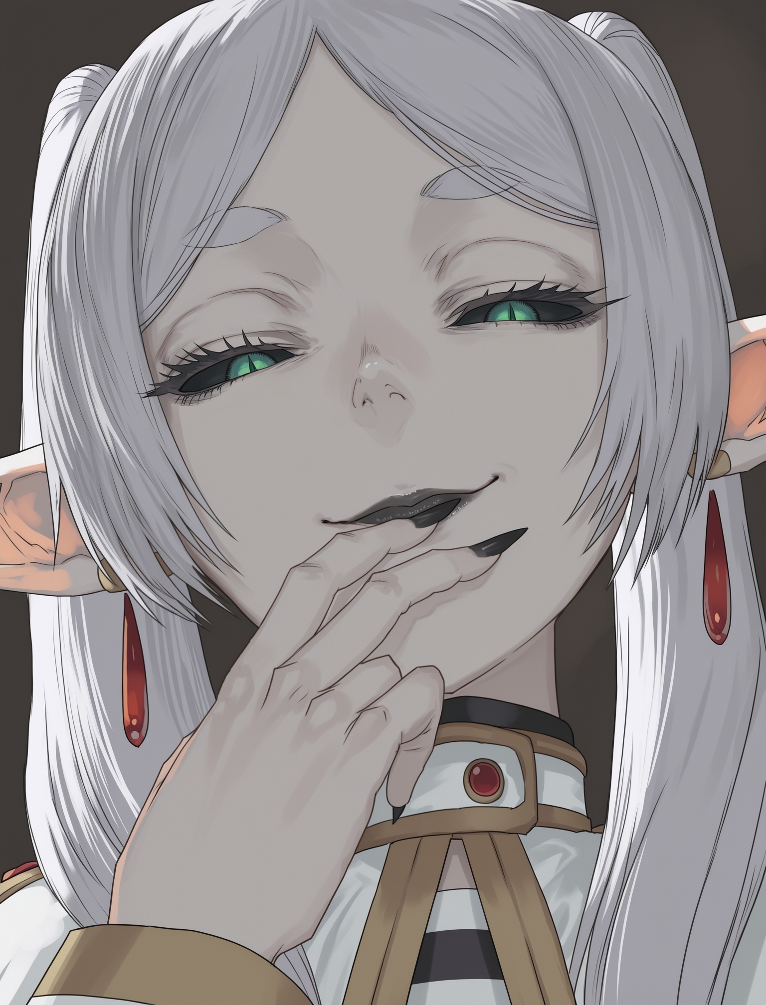 1girl, solo, facing viewer, portrait, upper body, 
frieren, black sclera, half-closed eyes, slit pupils, green eyes, smirk, closed mouth, staring, looking down, looking at viewer, hand on own lips, long fingers, sharp fingernails, black nails, black lips, from below, 
masterpiece, best quality, amazing quality, very aesthetic, 
(lips, nose:1.2),
(by sawarakajin:1.25),