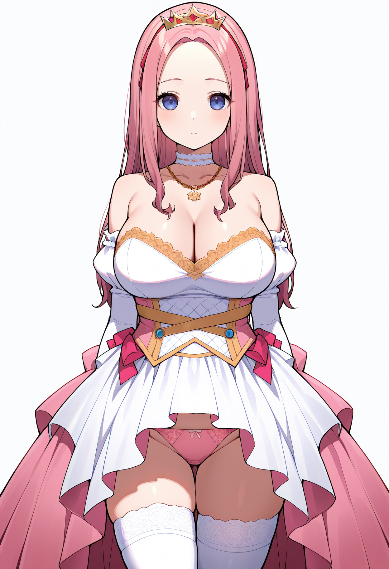 masterpiece, best quality,
1girl, solo,
standing,
looking at viewer,
<lora:Prim_Fiorire:1> pr1mf10r1r3, dress, bare shoulders, tiara, choker, necklace, jewelry, pink panties, thighhighs, detached sleeves, elbow gloves, 
white background, simple background,
