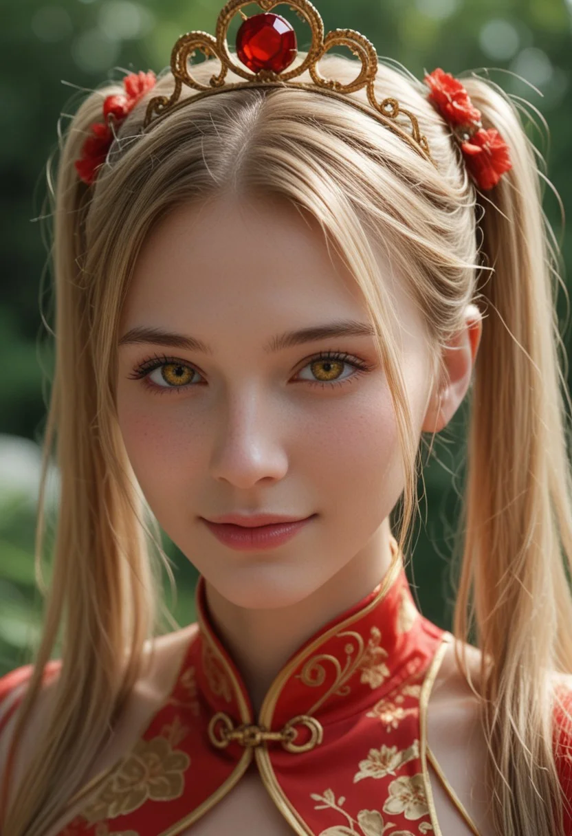 score_9_up, score_8_up, score_7_up, score_6_up, 1girl, 25 years old, perfect face, (adult), sexy,
detailed face, portrait, face focus, depth of field, looking at viewer, blush, shy smile, close up,
yellow eyes,
blonde hair, very long hair, twintails, tiara,
jewelry,
red chinese clothes, revealing clothes,
outdoors,