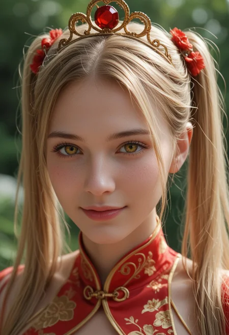 score_9_up, score_8_up, score_7_up, score_6_up, 1girl, 25 years old, perfect face, (adult), sexy,
detailed face, portrait, face focus, depth of field, looking at viewer, blush, shy smile, close up,
yellow eyes,
blonde hair, very long hair, twintails, tiara,
jewelry,
red chinese clothes, revealing clothes,
outdoors,