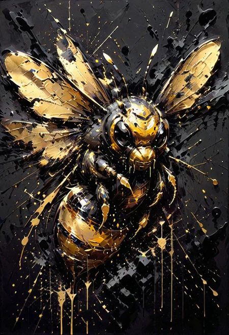 dynamink Bee metallic gold ink on a solid black background, expressive, <lora:dynamink:1>,