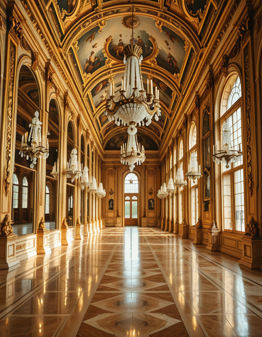 A breathtaking, photorealistic depiction of the Hall of Mirrors (Galerie des Glaces) at the Palace of Versailles in France, captured in golden afternoon light. The hall is grand and opulent, with a high arched ceiling painted with intricate Baroque frescoes. The walls are lined with tall arched mirrors on one side and large arched windows on the opposite side, flooding the space with natural light. Elegant crystal chandeliers hang from the ceiling, reflecting in the mirrors and sparkling with golden highlights. The marble floors are polished and gleaming, with rich, warm tones. Gilded statues and decorative elements frame the mirrors and doorways. The image style is ultra-detailed and photorealistic, with sharp textures and soft, warm lighting creating a majestic, timeless atmosphere. No people present, only the serene magnificence of the empty hall. Camera angle at eye level, centered down the hall, capturing the full length and symmetry of the space.
<lora:SDXLFaeTastic2400:0.4> <lora:extremely_detailed:0.4> extremely detailed,Hall of M1rr0rs, <lora:Hall_of_M1rr0rs-i:1>, Masterpiece,best quality,hi res,8k,hi res,8k,award winning,(sharp focus, intricate, highly detailed),