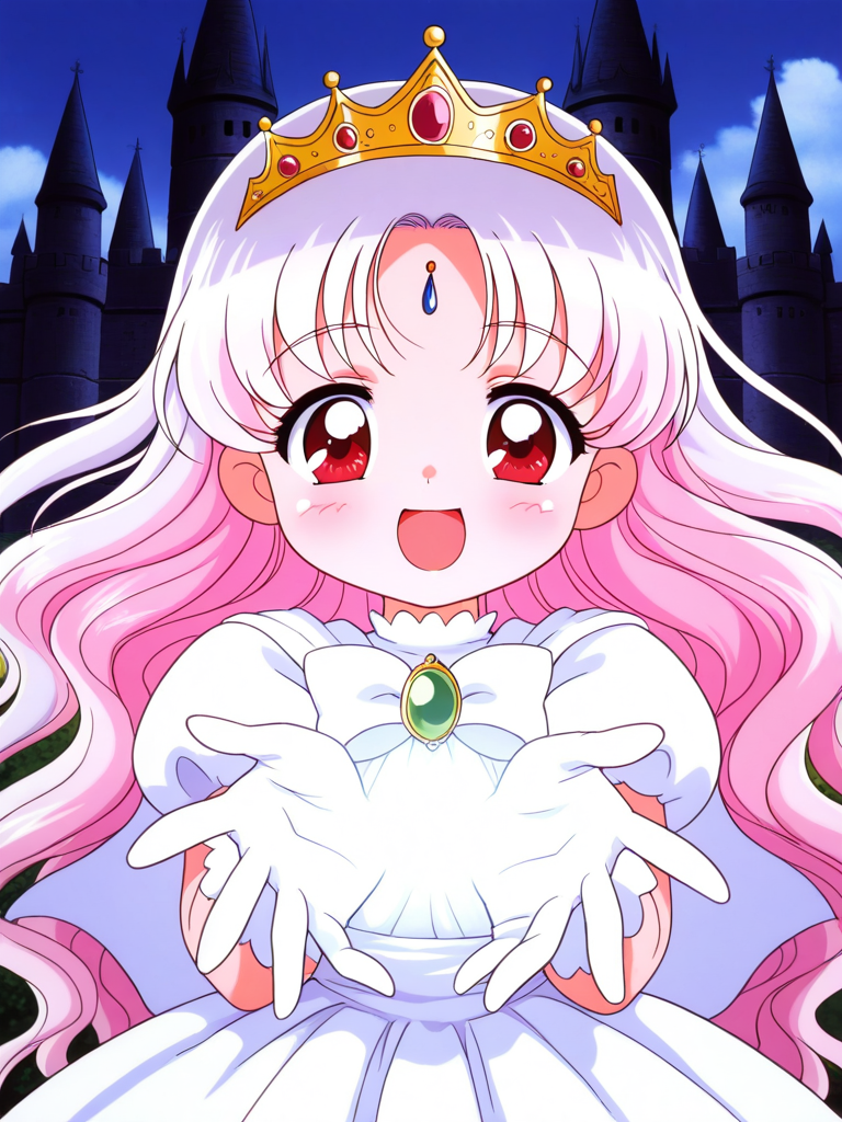 general,highres, ultra-detailed,very aesthetic,best quality ,best hands, BREAK <lora:Princess_Silver_Crayon_Oukoku_Ver2.0_IS:0.8>
Silver_Oujo(Crayon_Oukoku), 1girl, solo, long hair, white hair, pink hair, red eyes,
gold crown, white dress,very long hair, white gloves, tiara, white bow,
smile, happy,
under body, open mouth,
castle, outdoor,