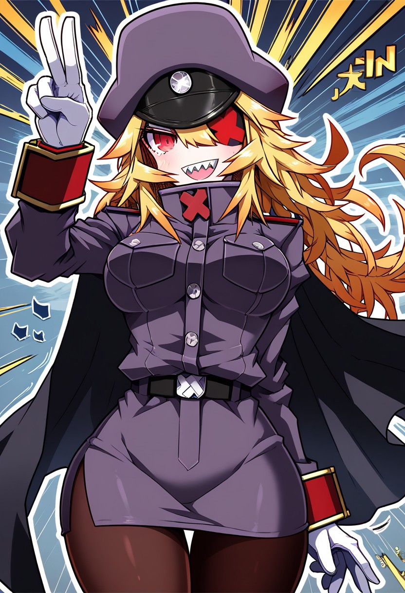 jin, score_9, score_8_up, score_7_up, character portrait, cowboy shot, sharp edges, thick lineart, black lineart,
red eyes, eyepatch, blonde hair, long hair, white gloves, peaked cap, purple cap, military uniform, military, cape, long sleeves, pencil skirt, pantyhose, white gloves, peaked cap, purple cap, military uniform, cap, military, long sleeves, pencil skirt, pantyhose, :D, open mouth,
peace, smile, blushing, motion lines, effects, sharp teeth, pose, dynamic pose,
