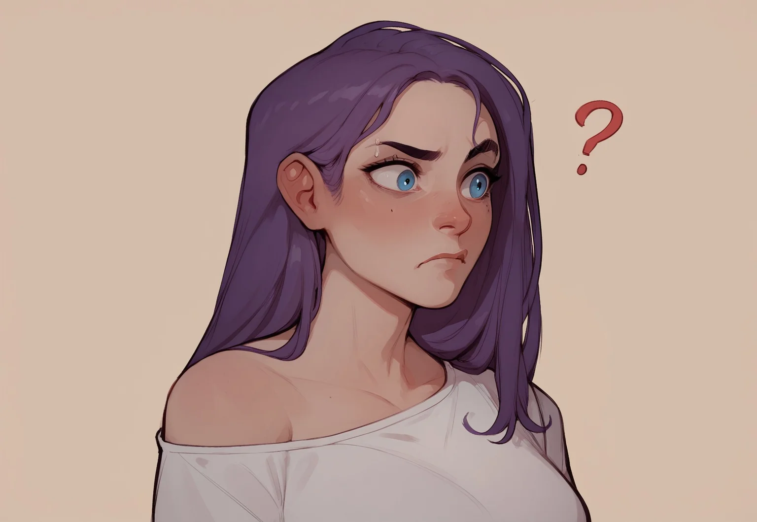 score_9, score_8_up, score_8_up, 1girl, solo, head and shoulders portrait, simple background, white shirt, violet hair, blue eyes, nervous, confused, raised eyebrow, question marks