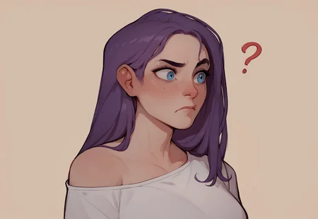 score_9, score_8_up, score_8_up, 1girl, solo, head and shoulders portrait, simple background, white shirt, violet hair, blue eyes, nervous, confused, raised eyebrow, question marks