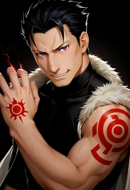 score_9, score_8_up, score_7_up, score_6_up, perfect anatomy, perfect proportions, best quality, masterpiece, high_resolution, high quality, aesthetic, absurdres, (male focus), solo male, source_anime, anime coloring, Greed, GreedFMAPony, black hair, short hair, purple eyes, (sanpaku, small pupils, thin eyebrows:1.5), sleeveless, black turtleneck undershirt, black vest, white fur trim, black pants, adult, mature, masculine, manly, handsome, charming, alluring, standing, portrait, headshot, close-up, from front, dutch angle, dark background, dark atmosphere, look at viewer, (one arm raised over face, show arm), sleeves rolled up, BREAK ouroboros homunculus red hand tattoo \(Fullmetal Alchemist\), glow tattoo, red lightning, red glow, electrokinesis, command spell, perfect lighting, cinematic, dynamic angle, sweat drop, fighting stance, serious, angry, mad, smirk, sharp teeth