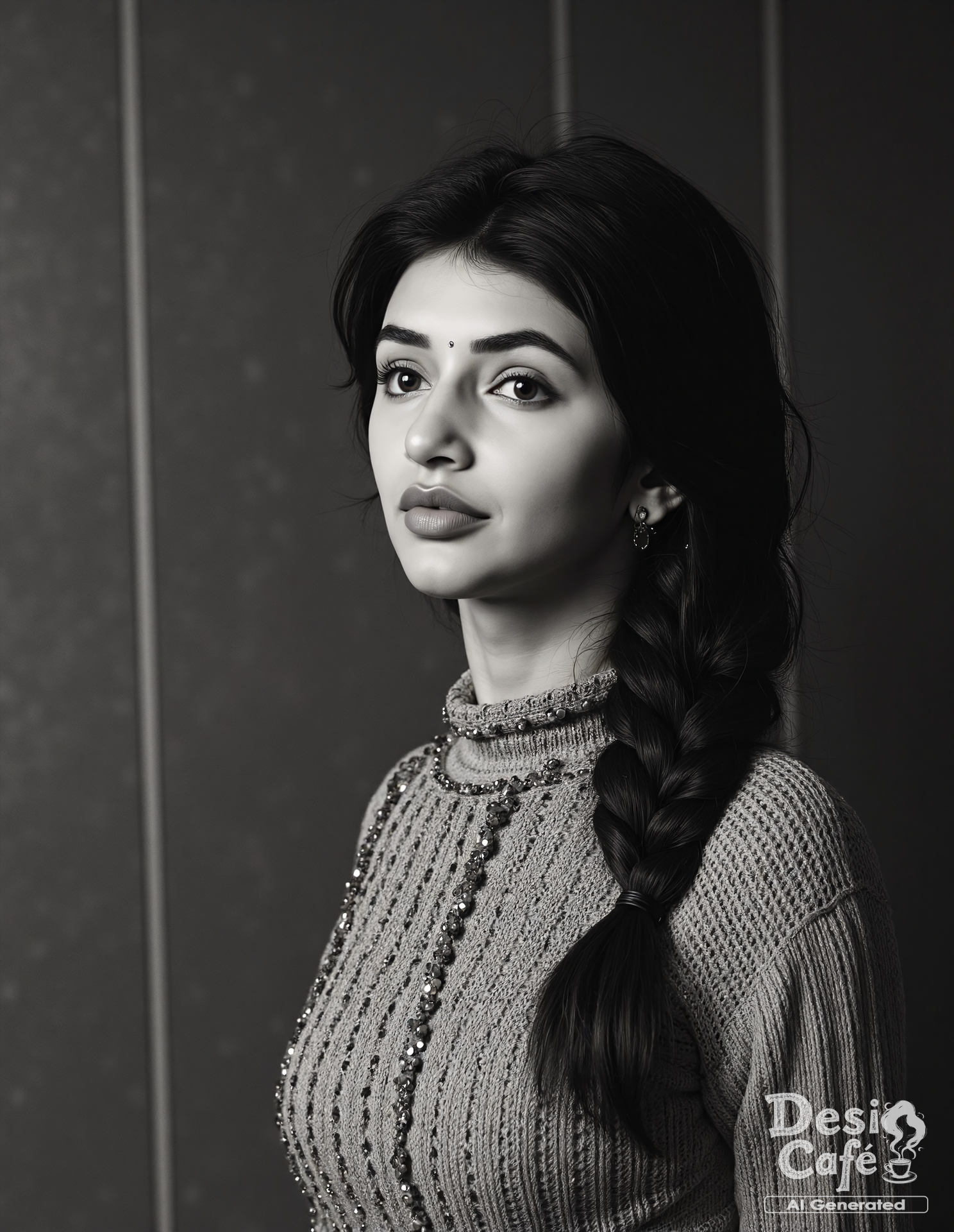 vintage still from black and white noir film photo of Sreeleela woman, hyper realistic photo that is safe for work, expression of wonderment with wide eyes, studio quality image, well dressed wearing intricate long sleevedturtleneck sweater, hair styled as french plait,muted shaded wallpaper background that contrasts with the person, cinematic lighting,âââââ <lora:Sreeleela_Flux_Kohya_V1-000005:1>âââ