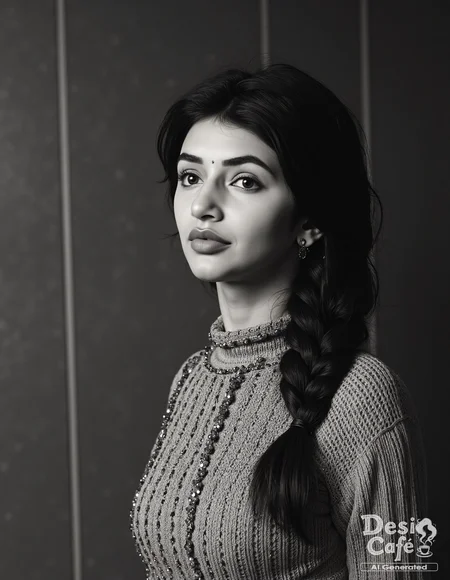 vintage still from black and white noir film photo of Sreeleela woman, hyper realistic photo that is safe for work, expression of wonderment with wide eyes, studio quality image, well dressed wearing intricate long sleevedturtleneck sweater, hair styled as french plait,muted shaded wallpaper background that contrasts with the person, cinematic lighting,âââââ <lora:Sreeleela_Flux_Kohya_V1-000005:1>âââ