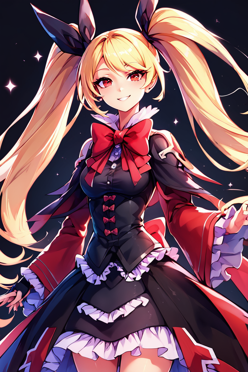 score_9, score_8_up, score_8, medium breasts, (curvy), cute, eyelashes,       ,,, , ,,,  zzRachel, long hair, blonde hair, red eyes, twintails, very long hair, bow, ribbon, hair ribbon, red bow, black dress, frills, <lora:RachelAlucard_PDXL:1.0>, ,,,, BREAK, smile, looking at viewer, ,,, abstract background, white outline, cowboy shot, ,,, embedding:zPDXL, Expressiveh, ,,, <lora:CatalystStylePDXL:0.6>, <lora:SDXLFaeTastic2400:0.5>, <lora:Expressive_H-000001:0.4>,