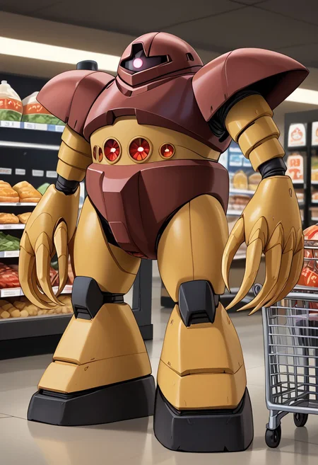 score_9, score_8_up, score_7_up, source_anime, front view, BREAK, ( gogg, pink monoeye, from side, looking at viewer, long claws) 1mech, shoulders, shoulder armor, mech focus, solo, BREAK, two arms, in grocery store, grabbing food, pushing shopping cart,