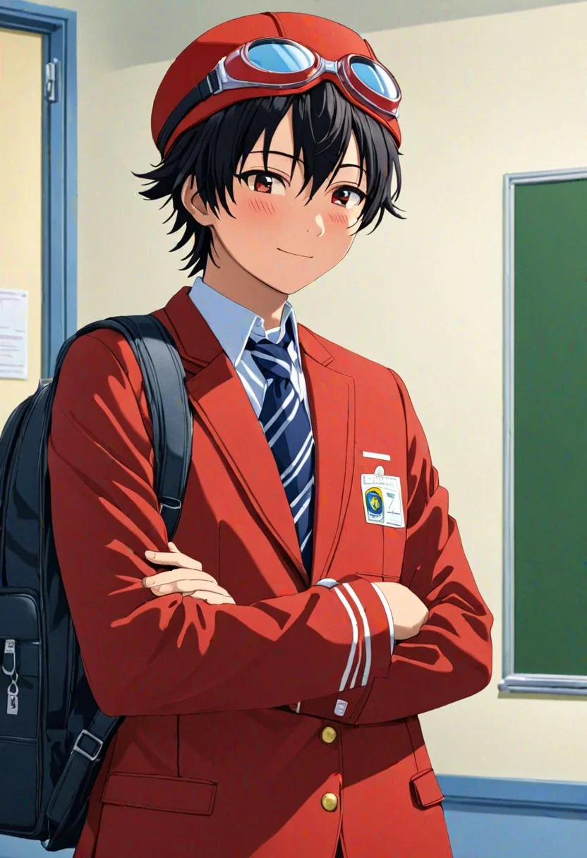 Yuusuke Fujisaki, Red Hat, Goggles, masterpiece, Candid Photo, best quality, 1boy, solo, male focus, High definition, Black hair, 4K, school, uniform school
