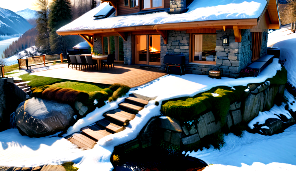 ultra-realistic image with high resolution and stable focus correct and accurate anatomy, correct and accurate objects, perfect detail, in the architectural style of a family house built of stone and wood merging with nature, designed for ecological neutrality of natural materials, in the mountains, forest ,garages,wide porch,outbuildings,table chairs,barbecue,fire pit,swimming pool,cut into the rocks,grass roof,steps,stone path,waterfall,lake,river,ultra realism,photo realism,single story,multi story,slope, wind generators, solar panels, sunset, (winter season), snow, frozen lake, close-up <lora:MJ52_v2.0:1> <lora:xl_more_art-full_v1:1> <lora:houses_merging_with_the_natural_environment_r1:0.4>