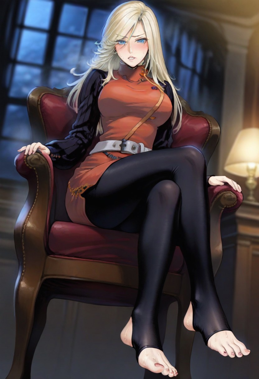 masterpiece,best quality,amazing quality,
<lora:yokoBelnadesIL:1>,cvyoko,
1girl,solo,
blonde hair,long hair,bangs,blue eyes,looking at viewer,parted lips,
black long sleeves sweater underneath,red tunic,high collar,white belt,
black tights,
sitting,on chair,cross legs,from below,
blurry background,depth of field,soft lighting,light particles,vignetting,
indoors,window,snow,vintage style,night,warm,lamp,fireplace, toenail polish, nail polish, steam, ((sweaty feet)), ((sweaty toes)), solo, blush, embarrassed, ((toeless legwear))