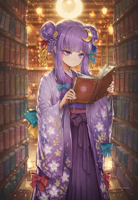 volumetric lighting, ambient occlusion, luminescent background, masterpiece, very awa,library,indoors, a girl reading, beam of light, light through window,depth of field
BREAK
patchouli knowledge, 1girl, solo, purple eyes, purple hair, long hair, sidelocks,, patchouli knowledge \(great library at the hieda residence\), alternate costume, no headwear, hair bun, double bun, hair ornament, blue bow, yellow bow, red bow, aqua bow, crescent hair ornament, purple kimono, floral print, long sleeves, wide sleeves, yellow obiage, purple obi, hakama skirt,holding book,
