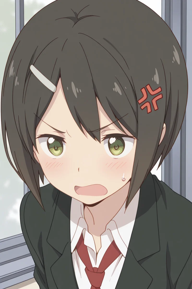 masterpiece, best quality, amazing quality,
<lora:Kaede_IL:1> kaede, solo, necktie, black hair, hair ornament, green eyes, hairclip, bob cut, school uniform, anger vein, open mouth, sweatdrop